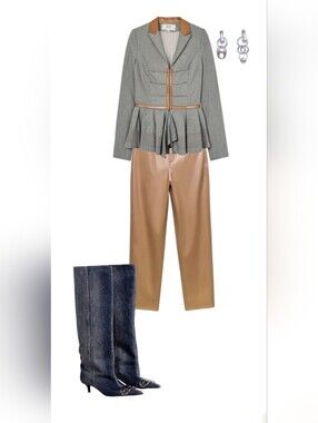 Badgley Mischka Gray Peplum Blazer with Tan Trim